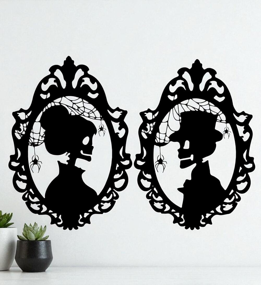 Skeleton Cameo Wall Art Gothic Halloween Couple Decor 11.25" Plastic Silhouette